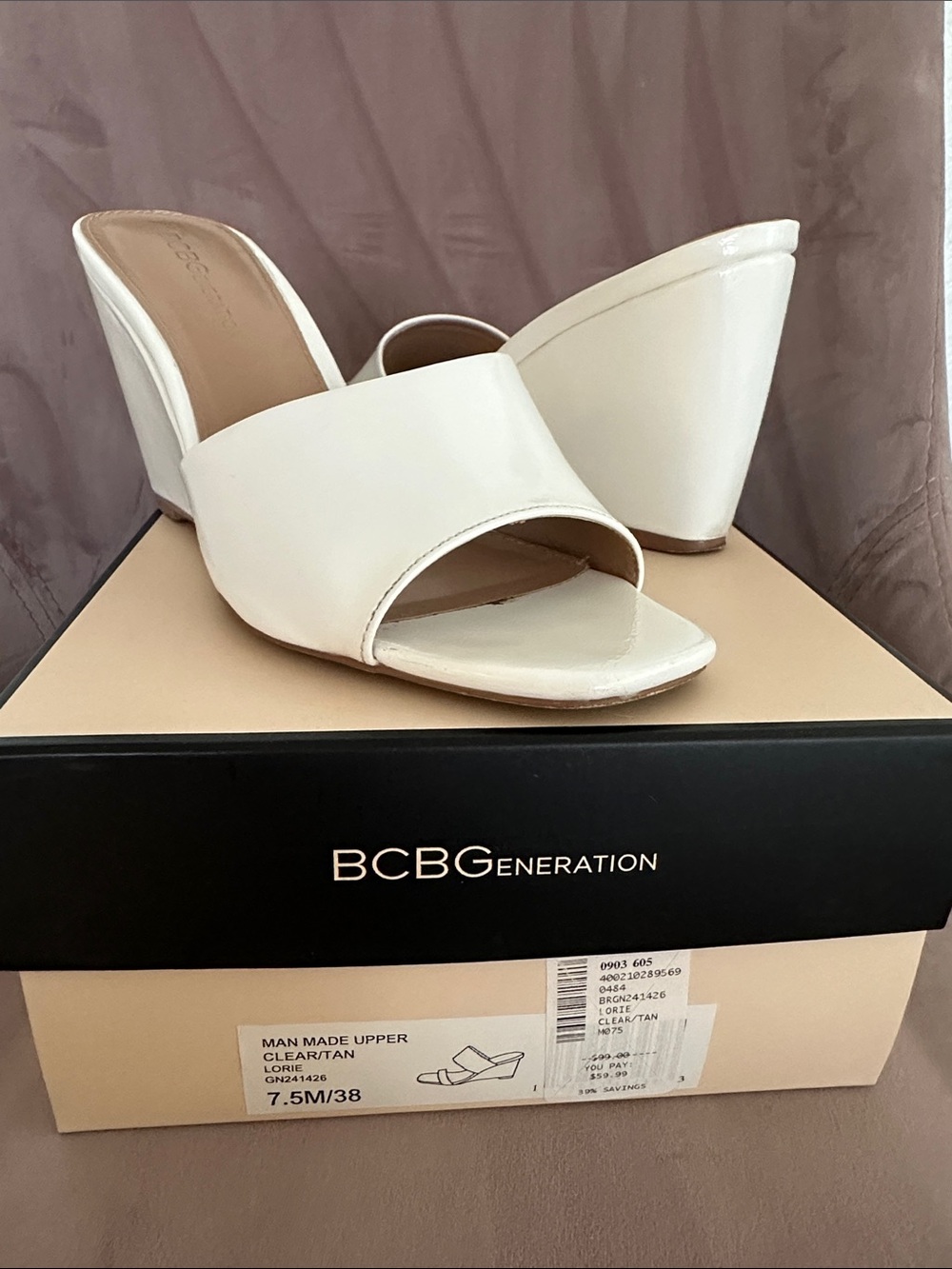 BCBGeneration white Open-Toe Wedge Slide Mules